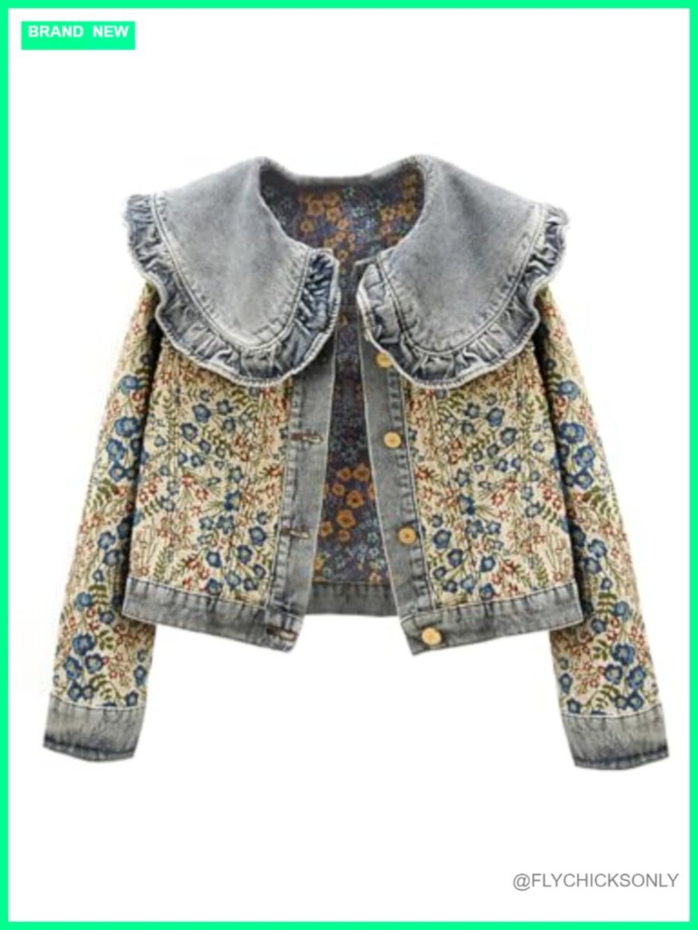 Women's Floral Jacquard Denim Jacket Long Sleeve Peter Pan Collar Button Up